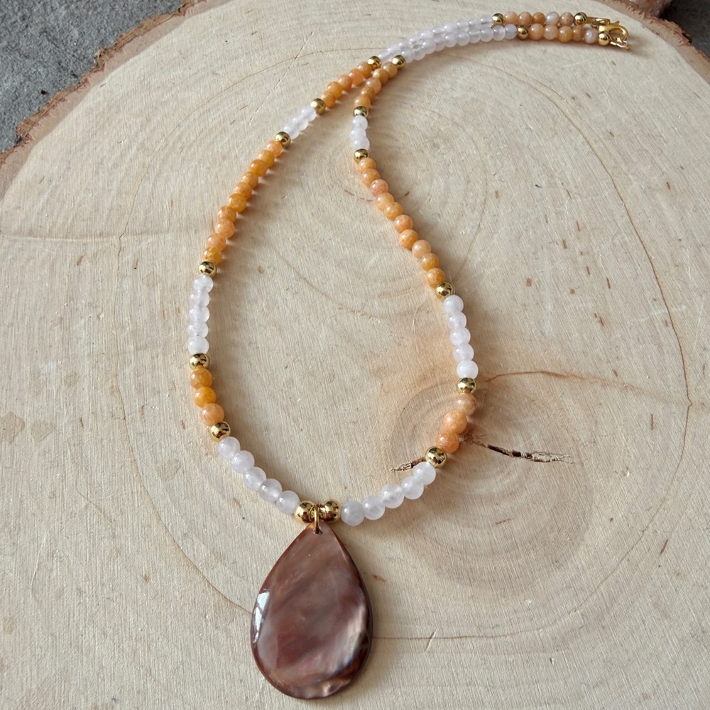 Handmade Rose Quartz and Peach Aventurine Beaded Choker Necklace, Abalone Shell